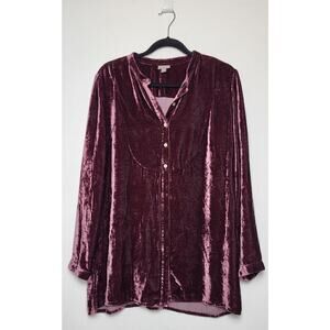 J.Jill Large Silk Blend Crushed Velour Tunic Top Purple Plum Button Down Shirt‎